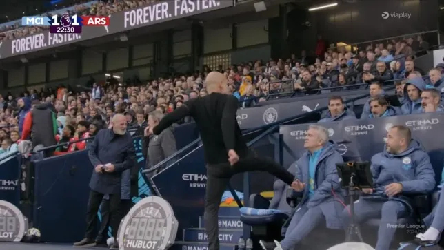 Outrageous Pep Guardiola smashes chair in frustration over contentious Arsenal goal against Manchester City